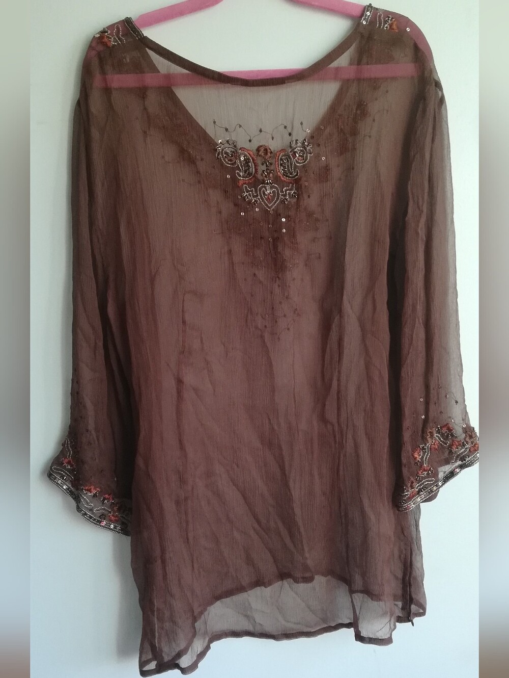 Embroidered Brown Sheer Women's Tunic Top